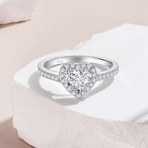 White Gold Heart CZ Simulated Diamond Ring, Cubic Zirconia 925 Sterling Silver